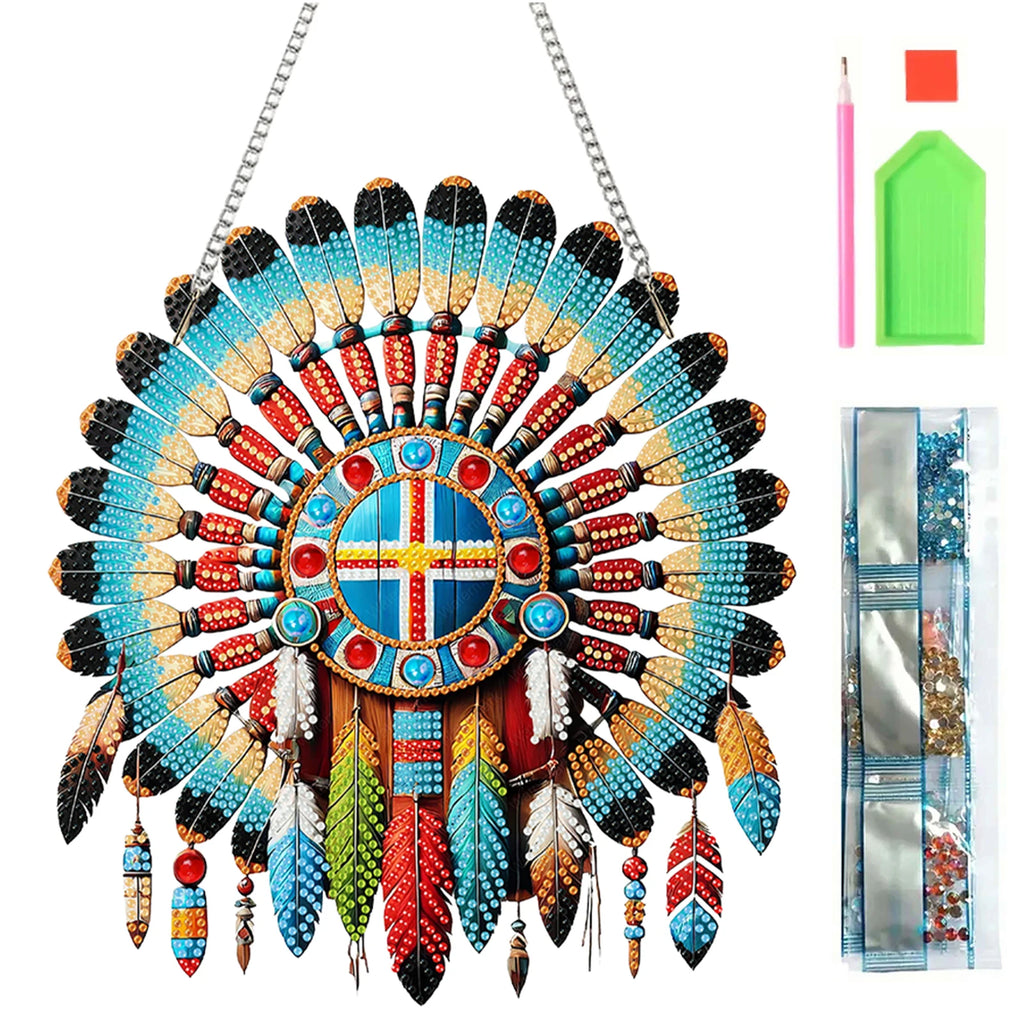 Special Shape Ethnic Style Shield 5D DIY Diamond Painting Dots Pendant DIY Diamond Art Pendant Kit for Garden Window Decor