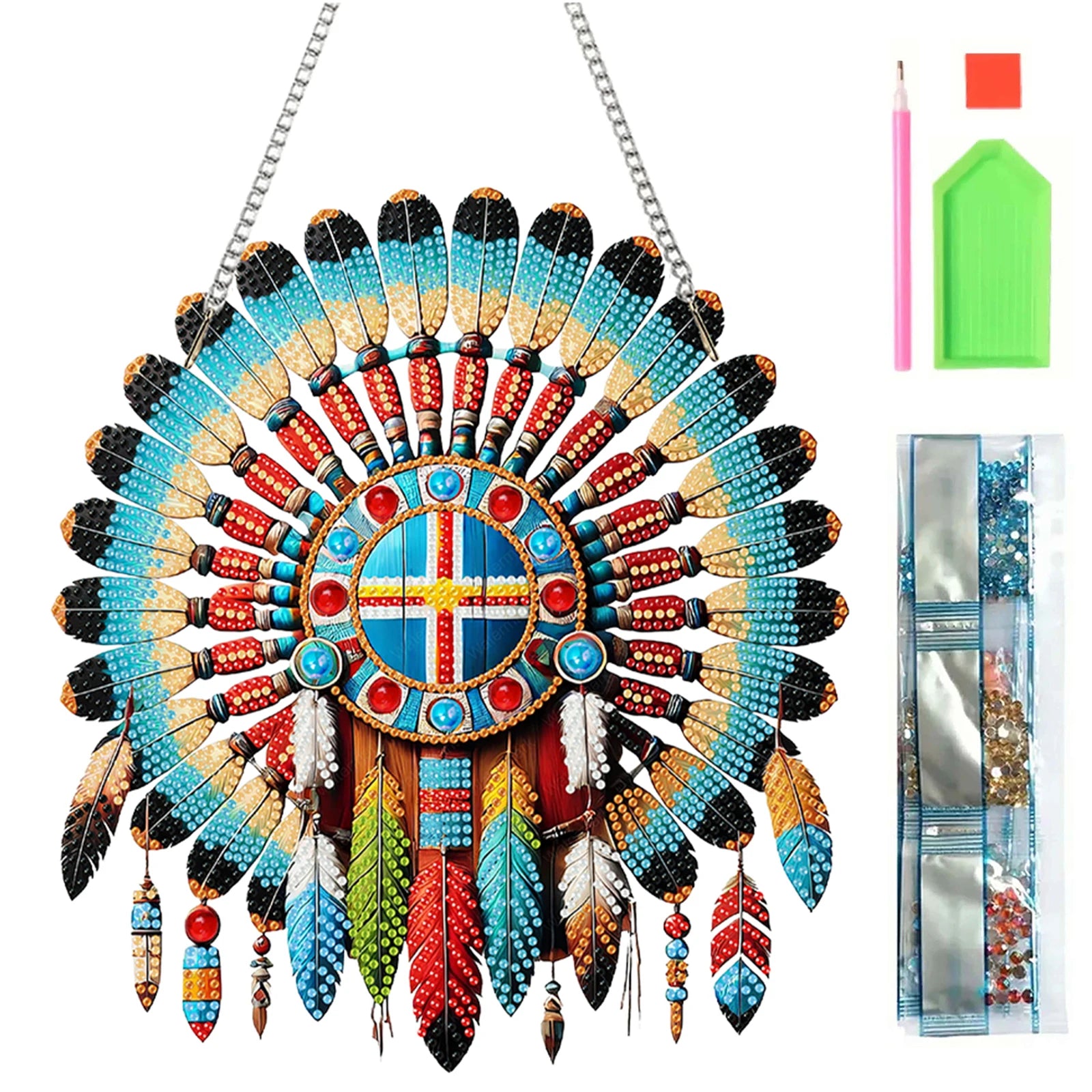 Special Shape Ethnic Style Shield 5D DIY Diamond Painting Dots Pendant DIY Diamond Art Pendant Kit for Garden Window Decor